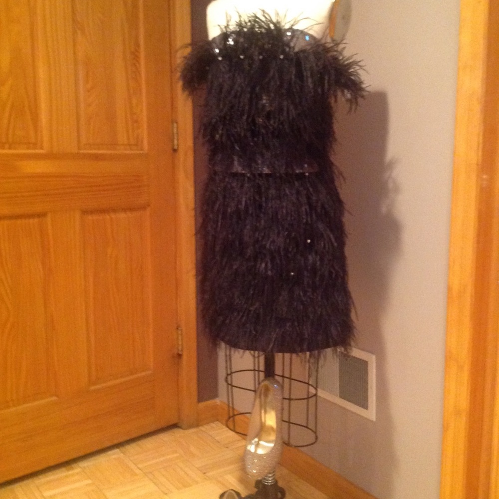 Feathered and rhinestone cocktail dress